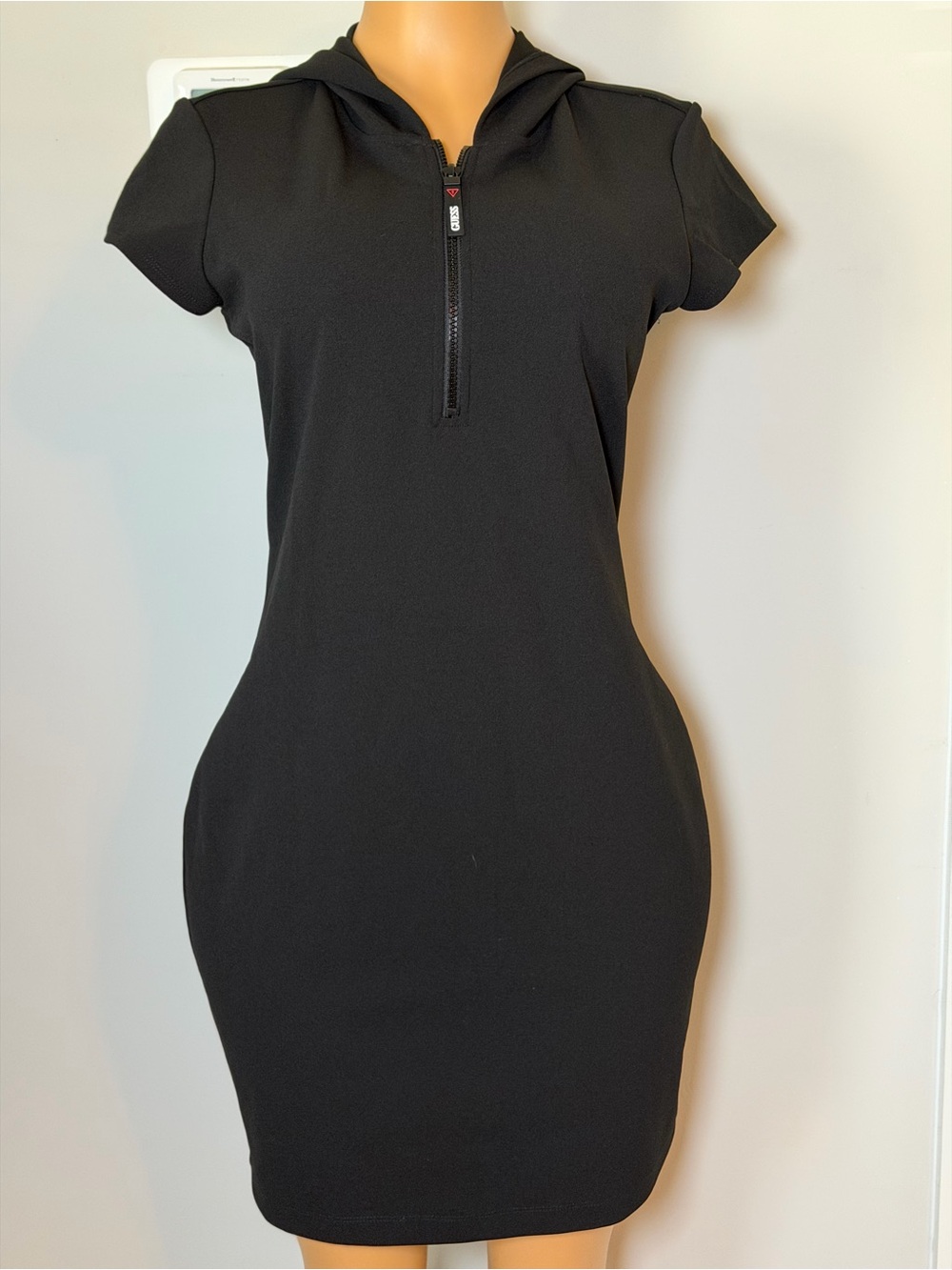 Guess Black Hooded Short Sleeve 1/4 Zip Dress